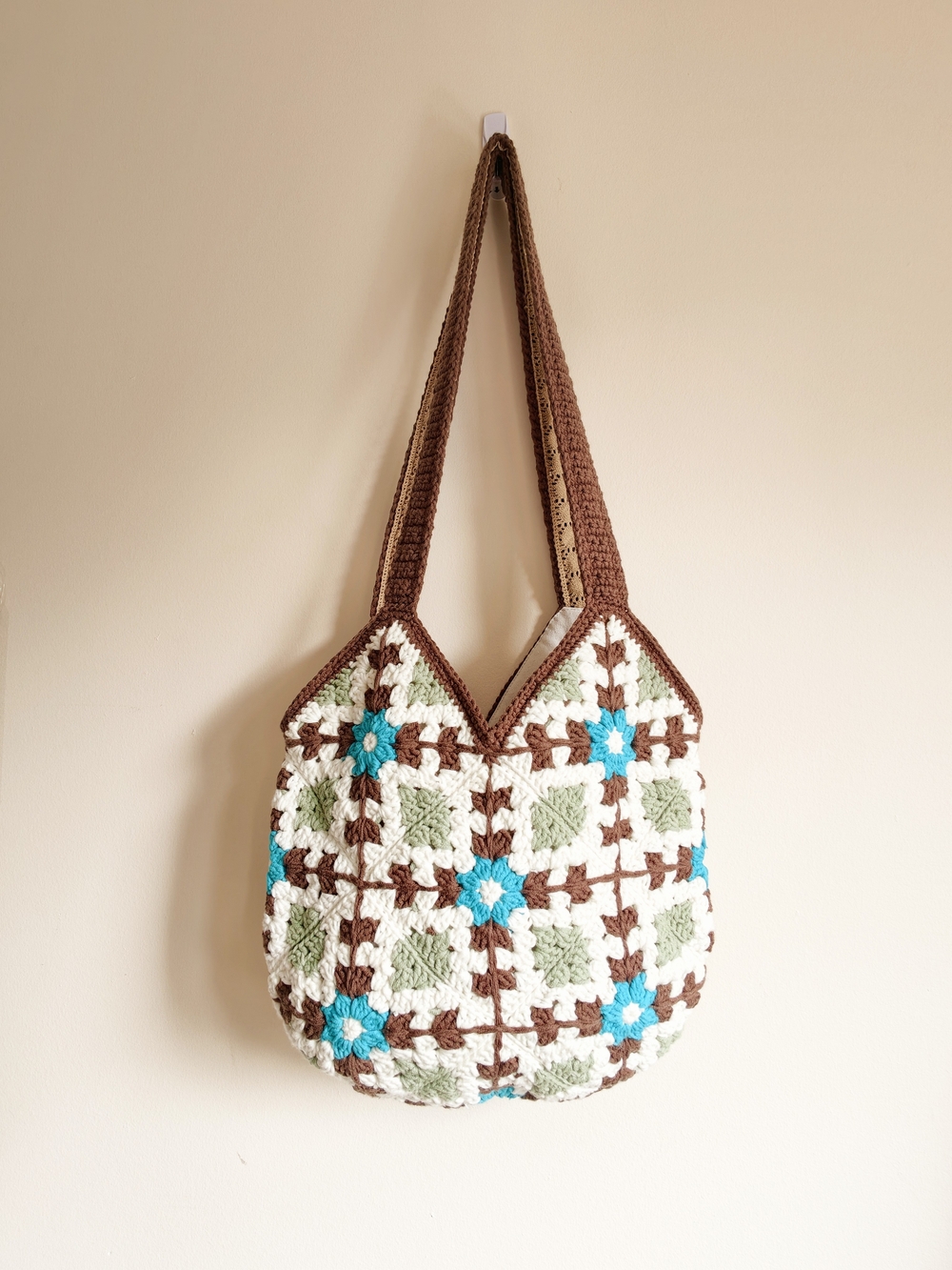 Handmade Crochet Tote Bag in Brown, Cream & Turquoise